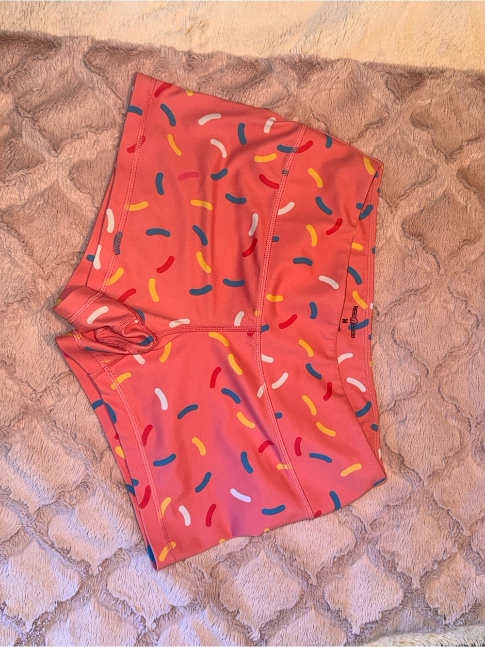 Feed Me Fight Me Coral Bike Shorts with Multicolor Sprinkle Print